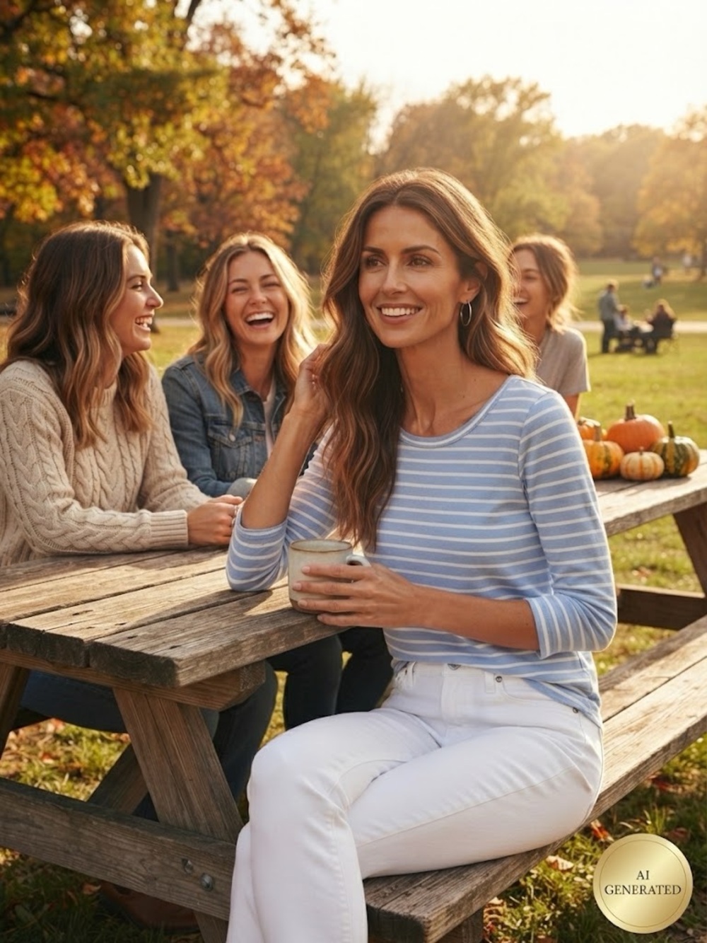 Splendid Light Blue & White Striped Scoop Neck Long Sleeve Top